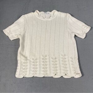 St Michael Women’s White Textured Knit Top, short sleeve, scalloped hem, size 10